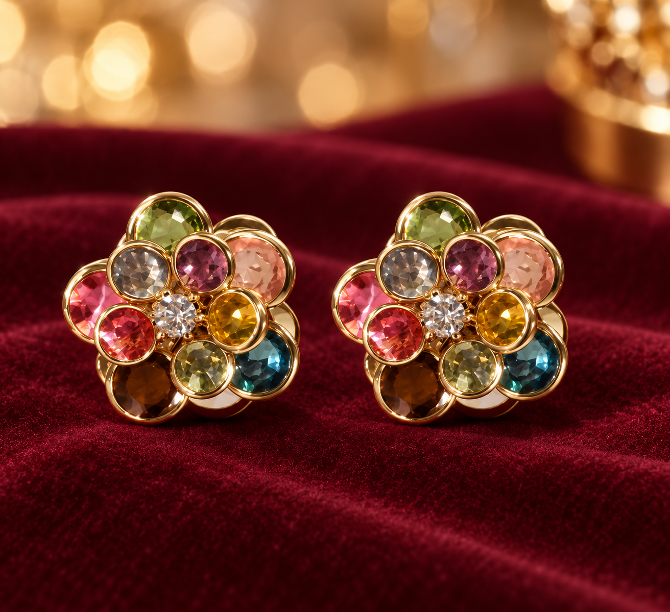Multicolor Gemstone Blossom Gold Stud Earrings
