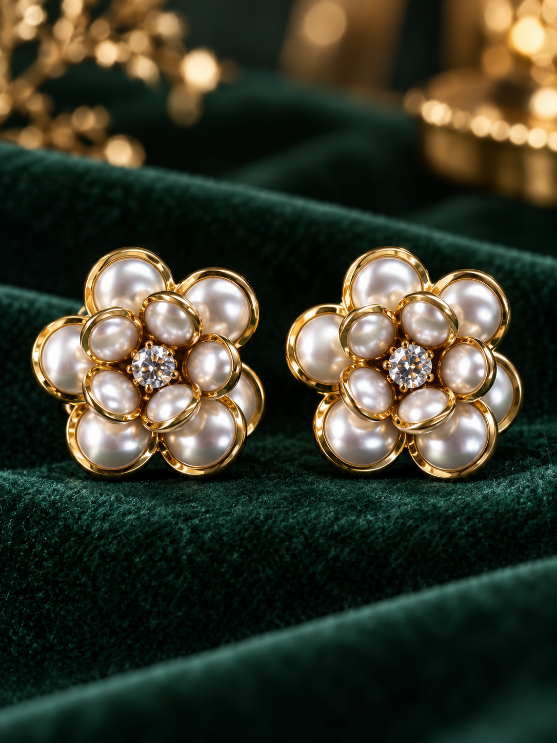 Radiant Pearl Petal Floral Gold Stud Earrings