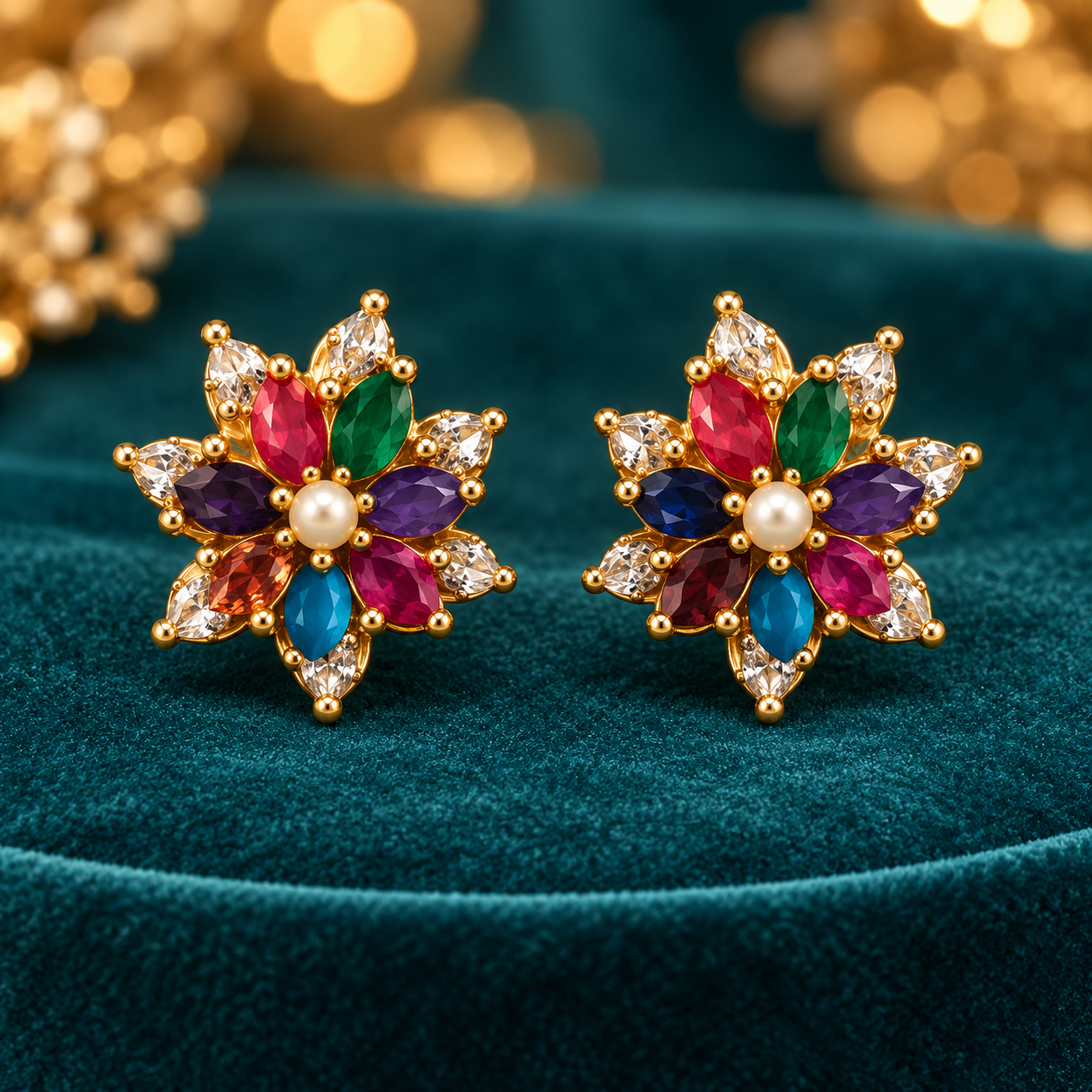 Navratna Style Multicolor Gemstone Starburst Gold Stud Earrings