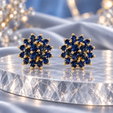Royal Sapphire Blue Floral Starburst Gold Stud Earrings