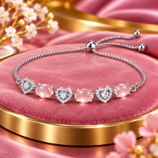 Romantic Rose Quartz & Crystal Heart Silver Bolo Bracelet