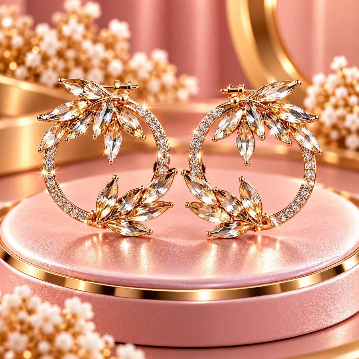 Ethereal Rose Gold Crystal Leaf Circle Hoop Earrings