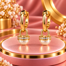 Regal Gold Huggie Hoop Earrings with CZ Pearl Cap Dangle