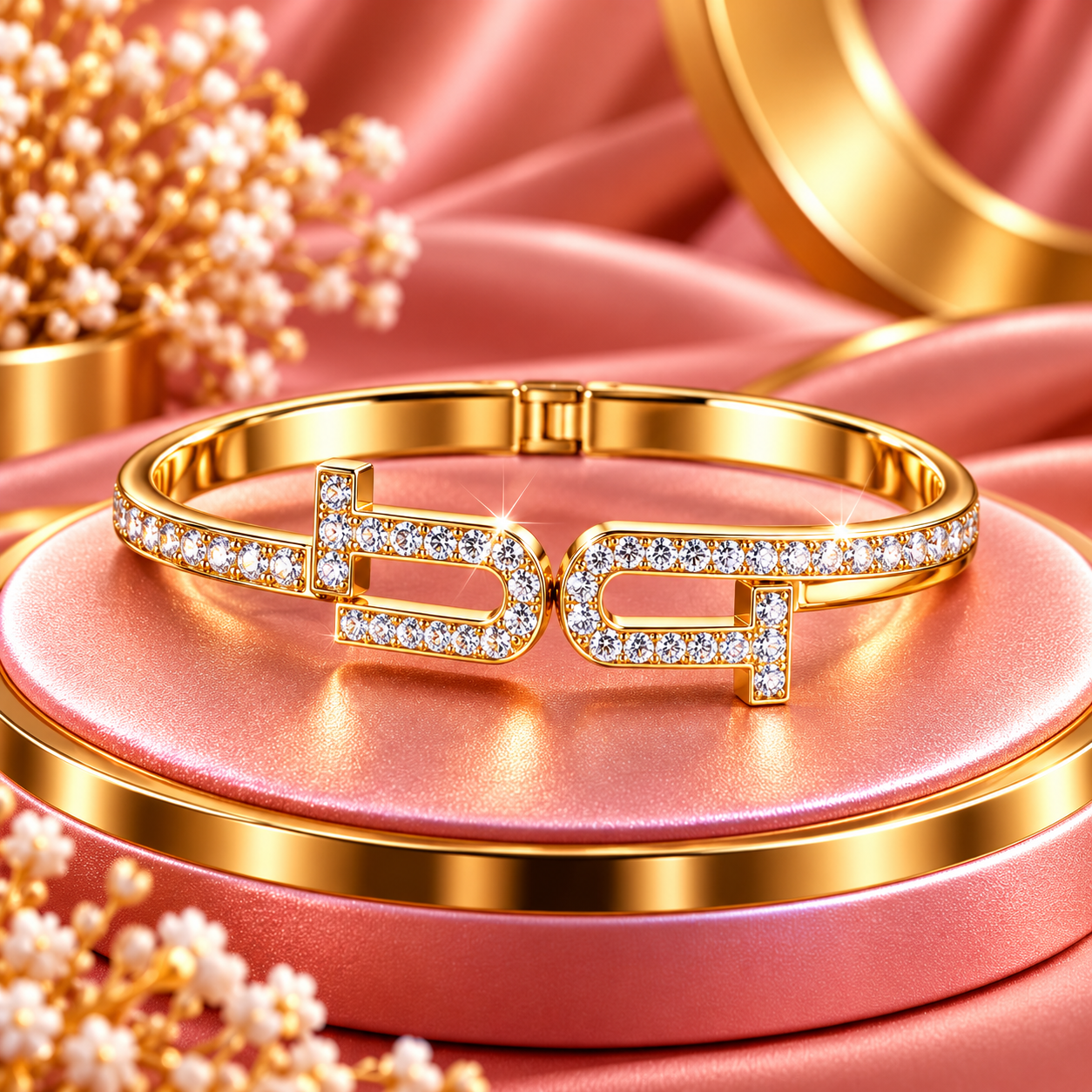 Luxury Dual Interlocking Hook CZ Gold Bangle Bracelet