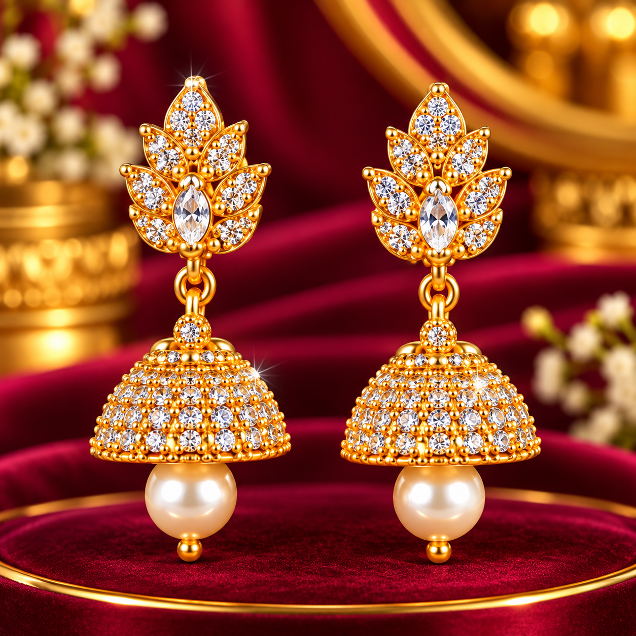 Royal Leaf CZ Pearl Gold Jhumka Earrings