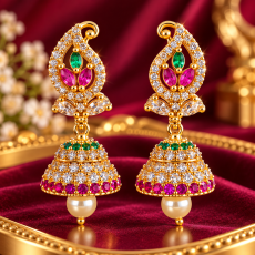 Navratna Style Paisley Multi-Stone CZ Pearl Gold Jhumka Earrings