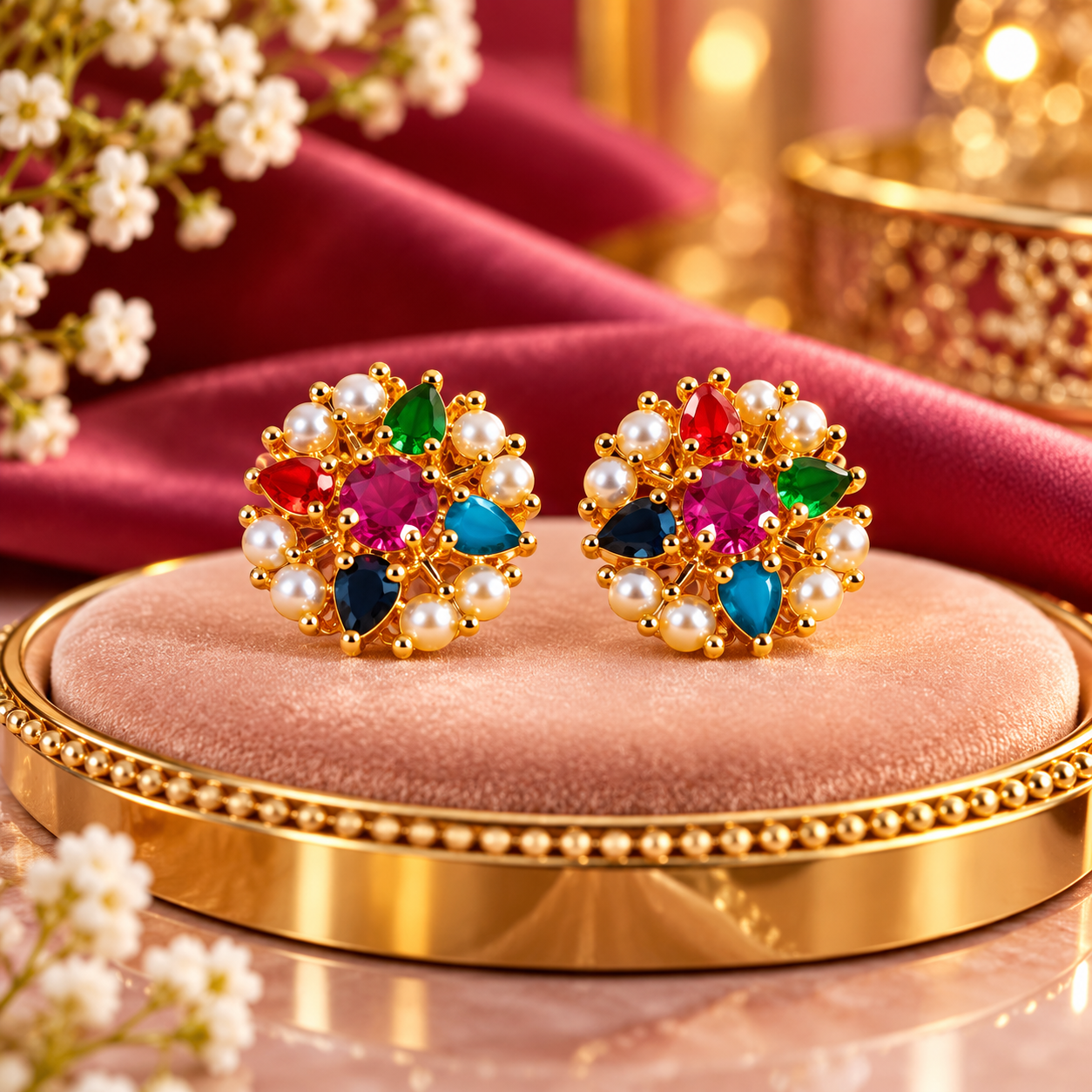 Navratna Style Multi-Gemstone Pearl Floral Stud Earrings