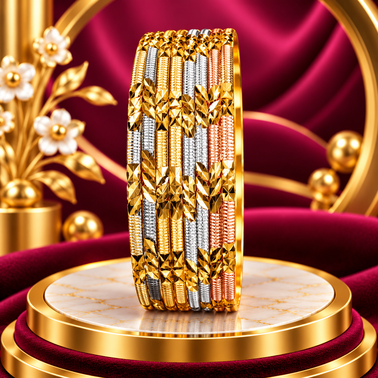 Three-Tone Geometric Facet Bangle Stack