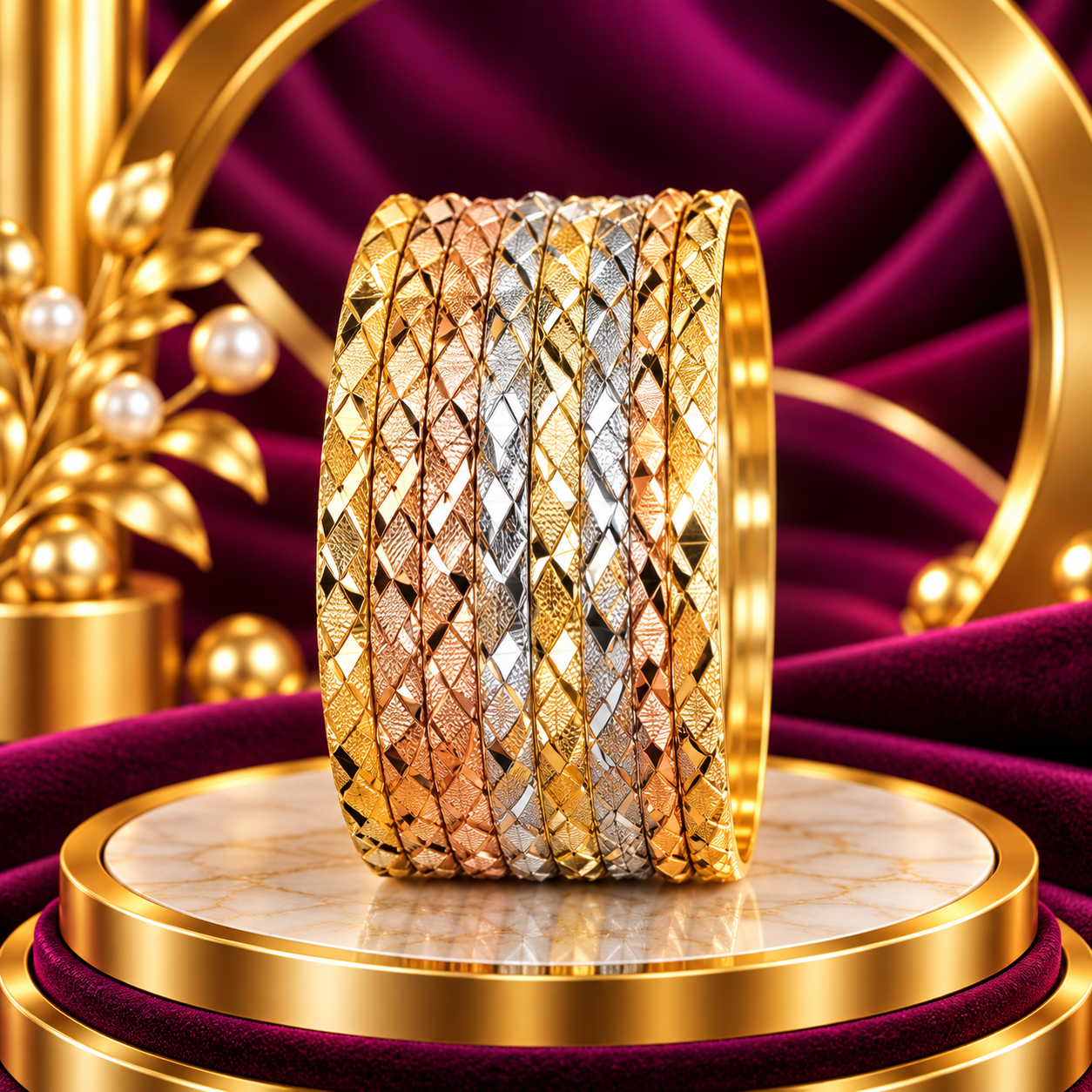 Three-Tone Diamond-Cut Lattice Bangle Stack
