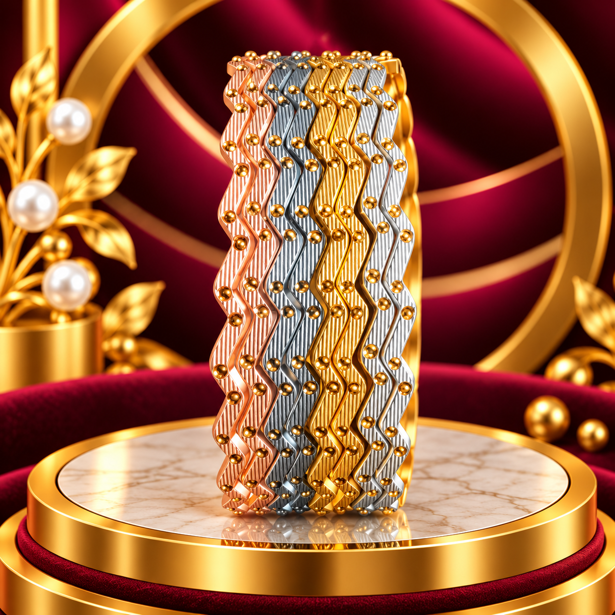 Three-Tone Zigzag Textured Bangle Stack