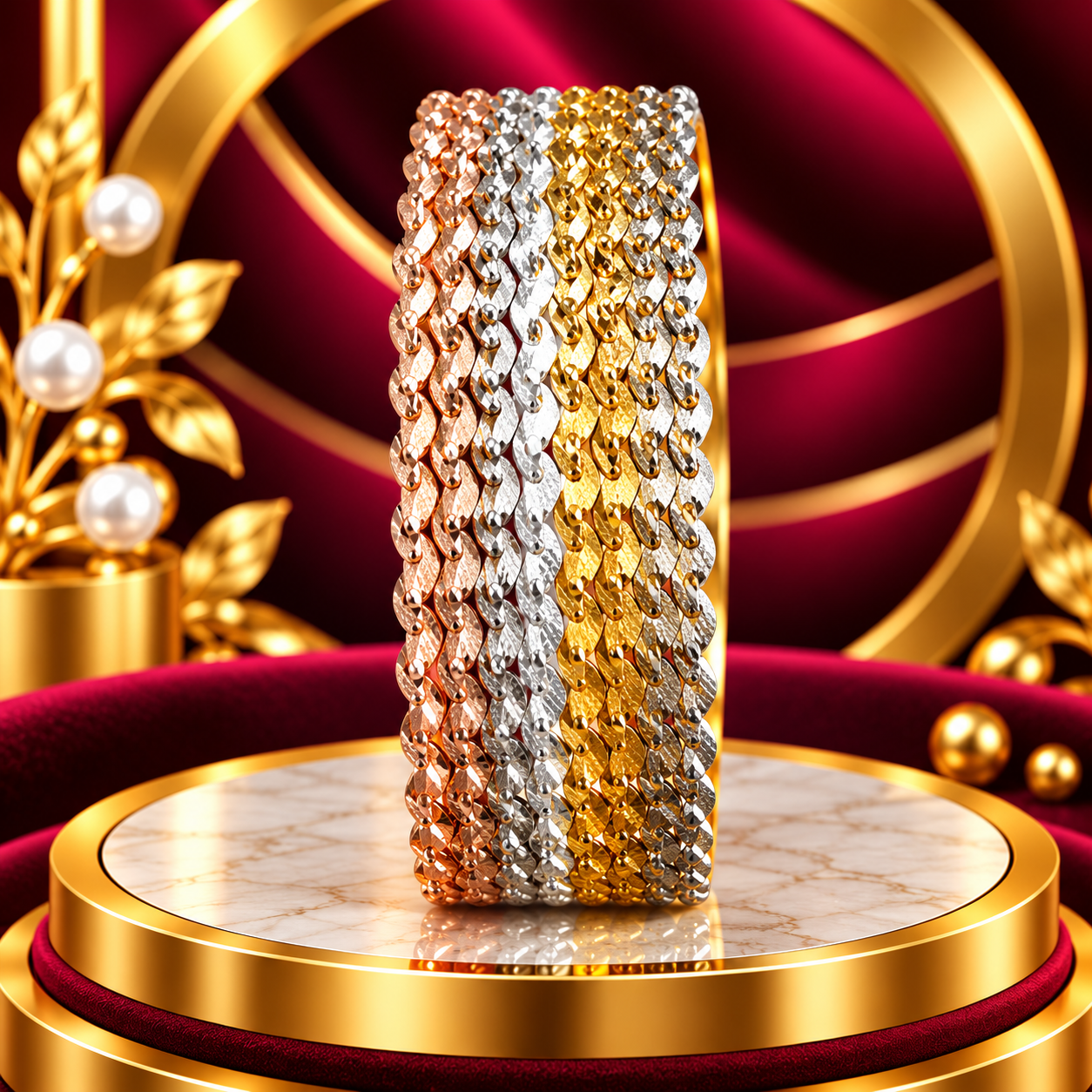 Three-Tone Curved Link Bangle Stack