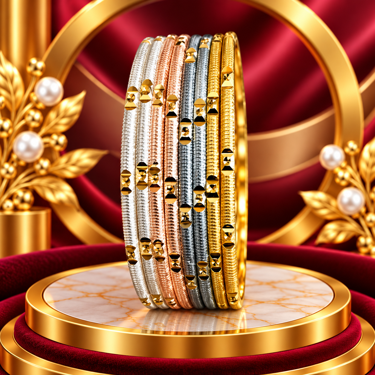Mixed-Tone Ribbed Bangle Stack with Faceted Blocks