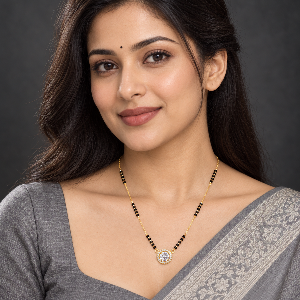 Classic Solitaire Halo CZ Gold Mangalsutra