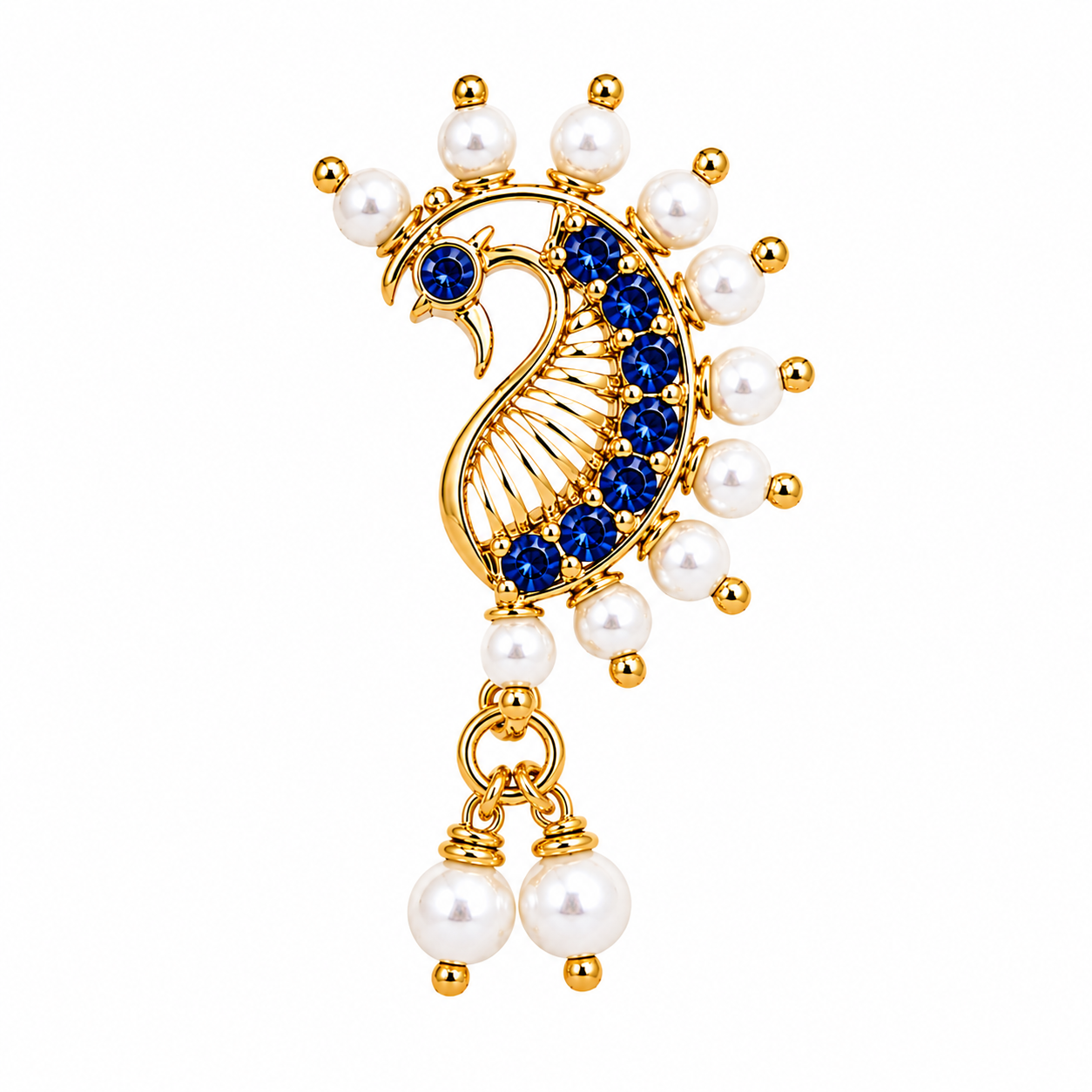 Blue Stone Peacock Nose Ring with Pearl-Style Drops