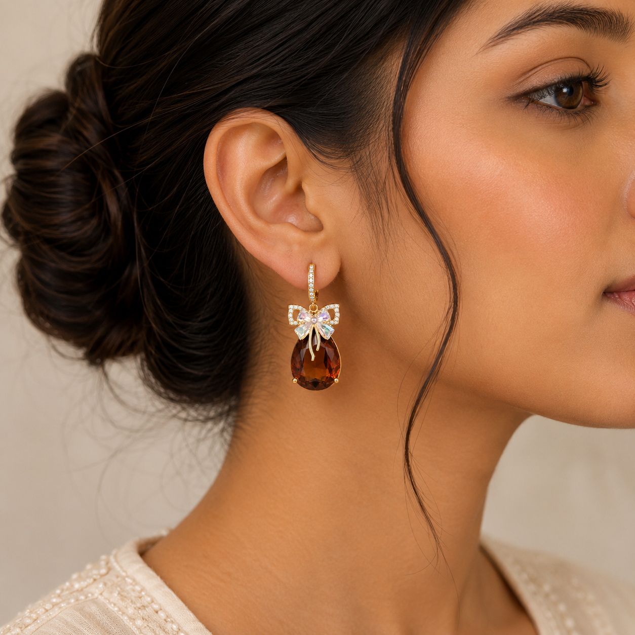 Amber Teardrop Bow Gold-Tone Earrings