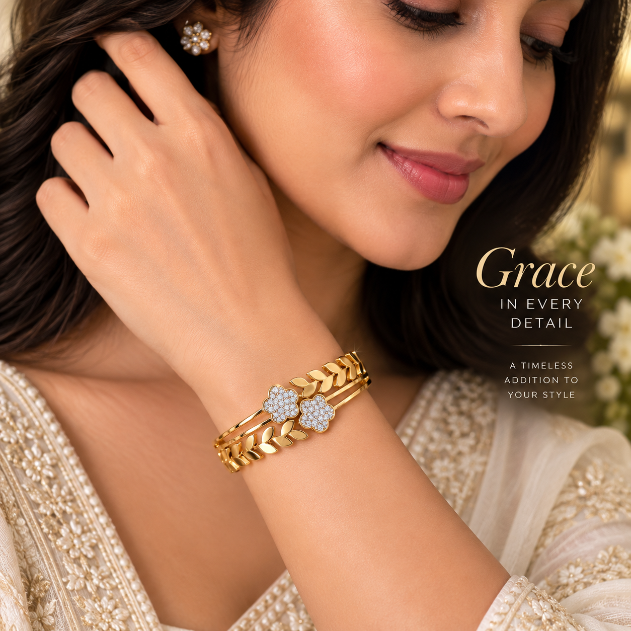 Golden Twin Floral Crystal Leaf Bracelet