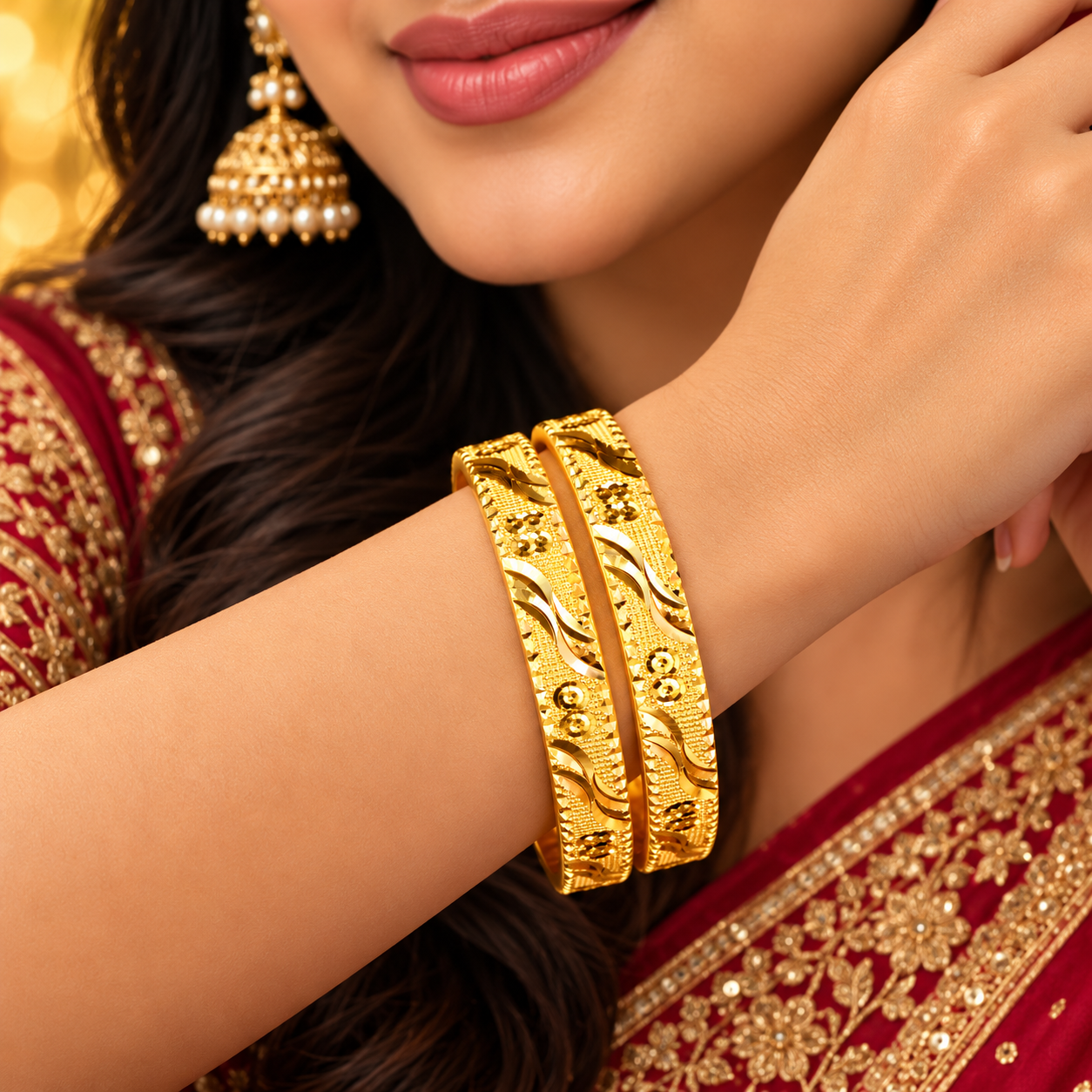 Gold-Tone Ribbon Wave Bangles