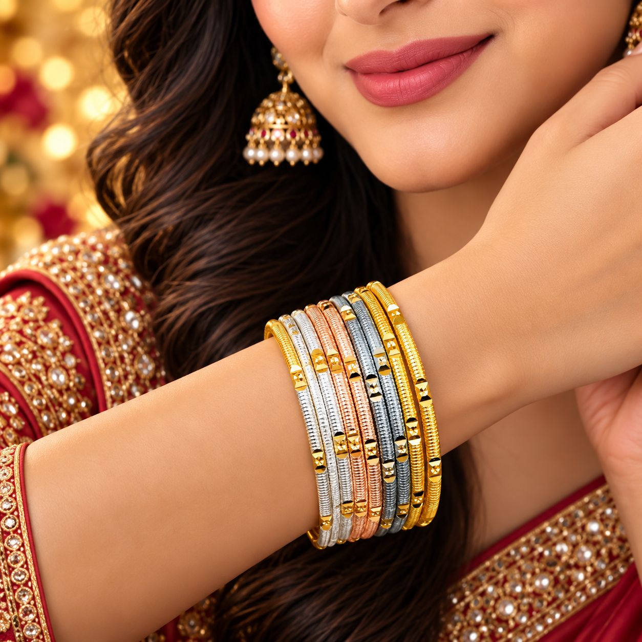 Mixed-Tone Ribbed Bangle Stack with Faceted Blocks