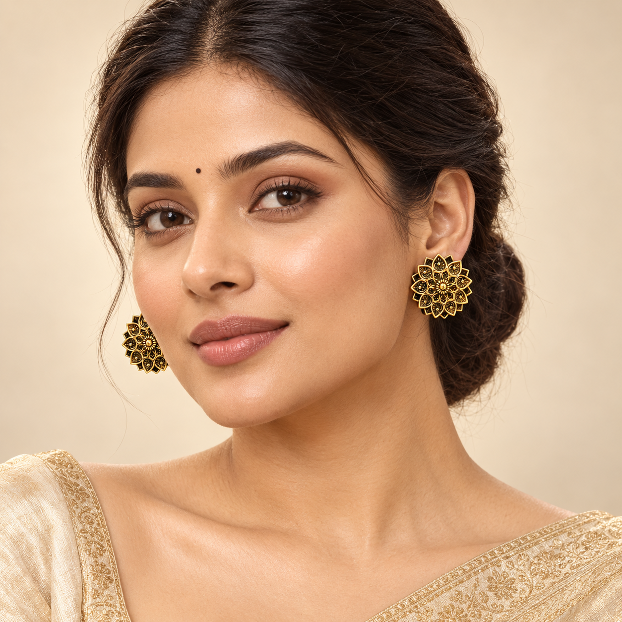 Antique Gold-Tone Floral Mandala Stud Earrings