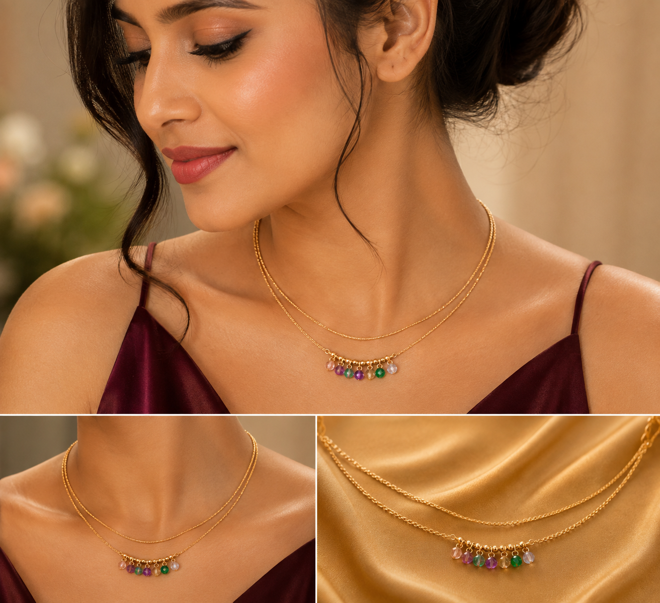 Rainbow Crystal Charm Double-Layer Gold-Tone Necklace