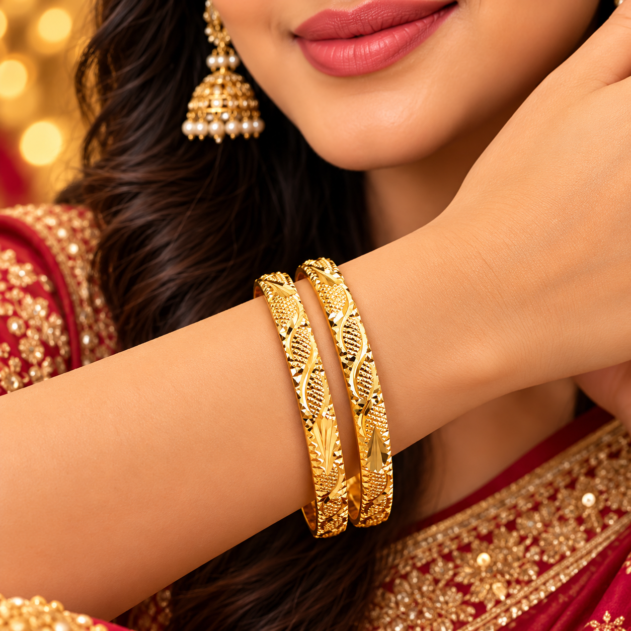 Textured Oval Motif Gold-Tone Bangles – Set of 2