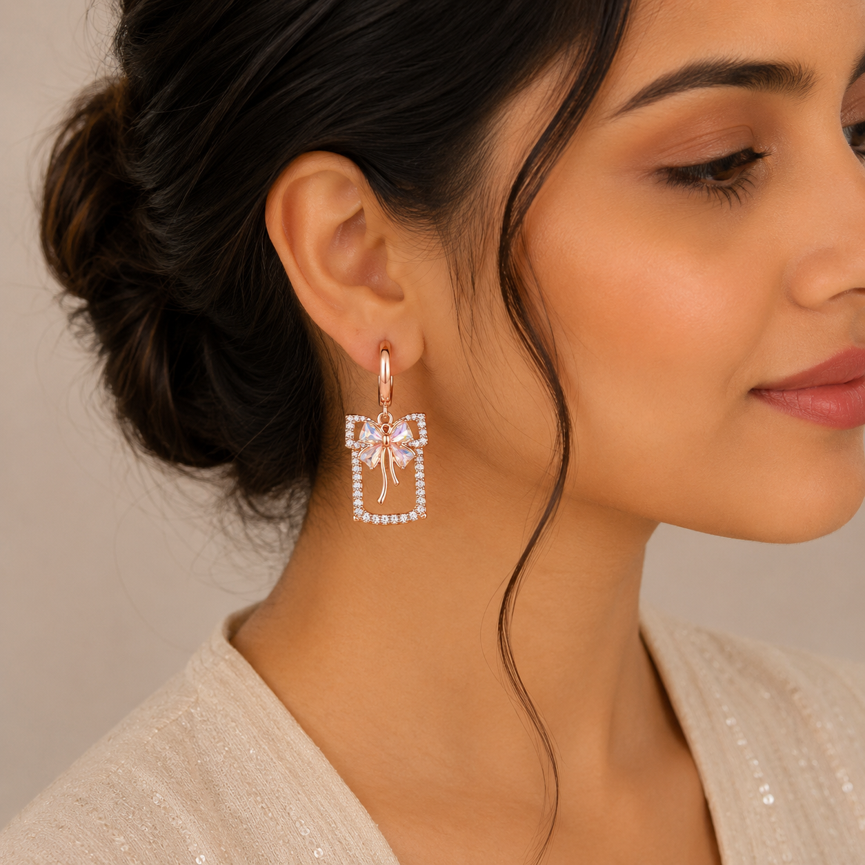 Crystal Butterfly Frame Rose-Gold Drop Earrings