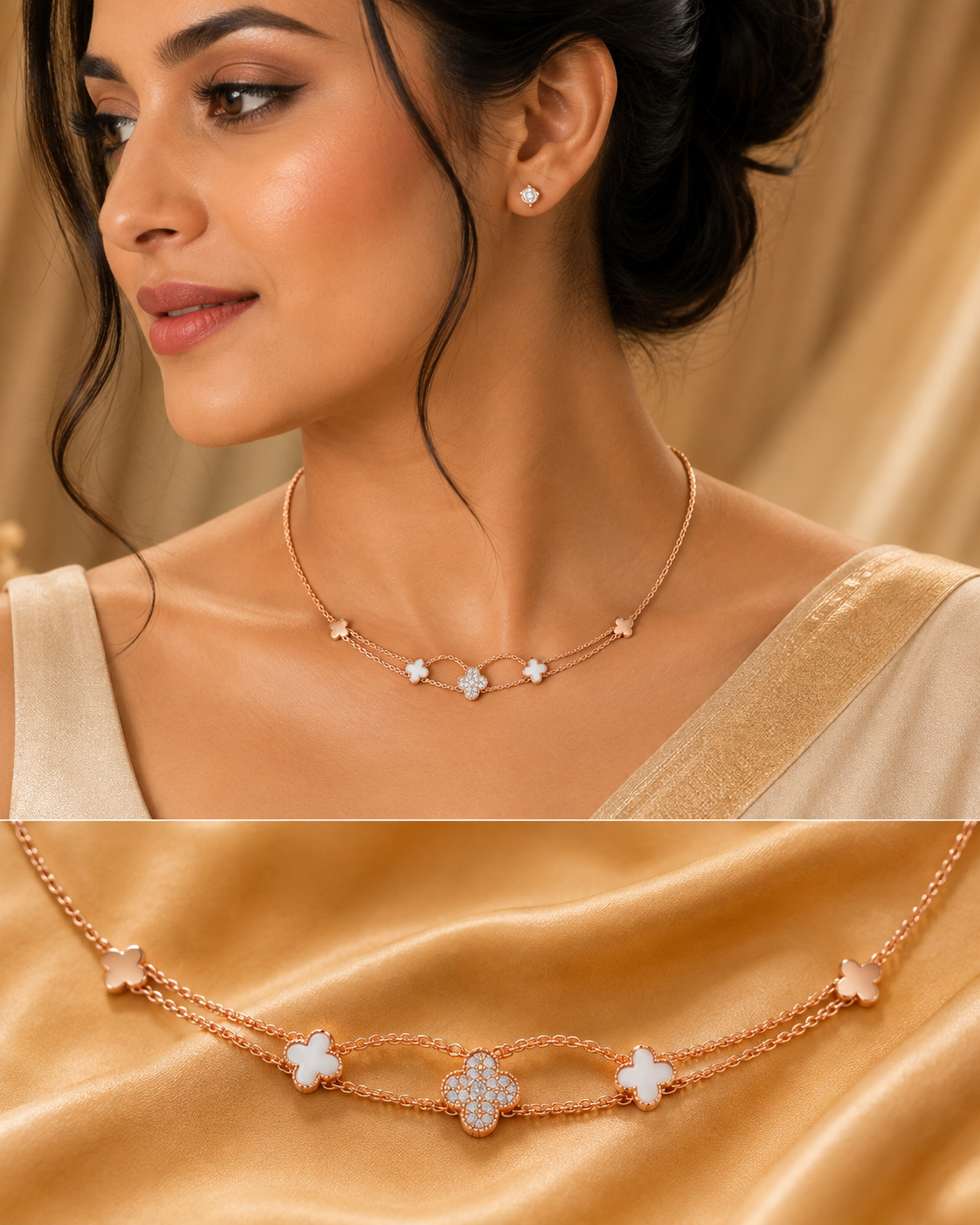 Mother-of-Pearl Clover Double-Layer Rose-Gold Necklace