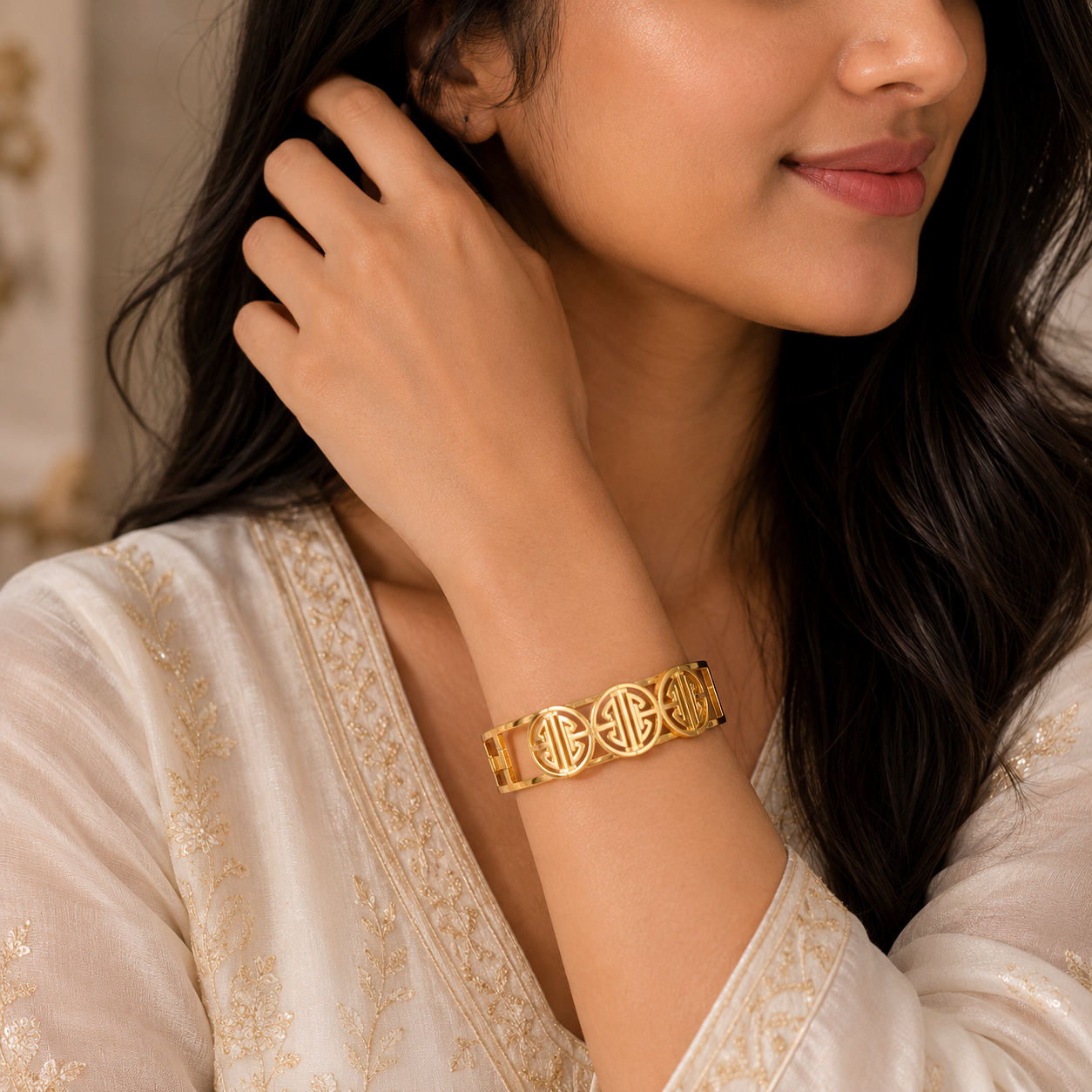 Golden Triple Medallion Monogram Bracelet