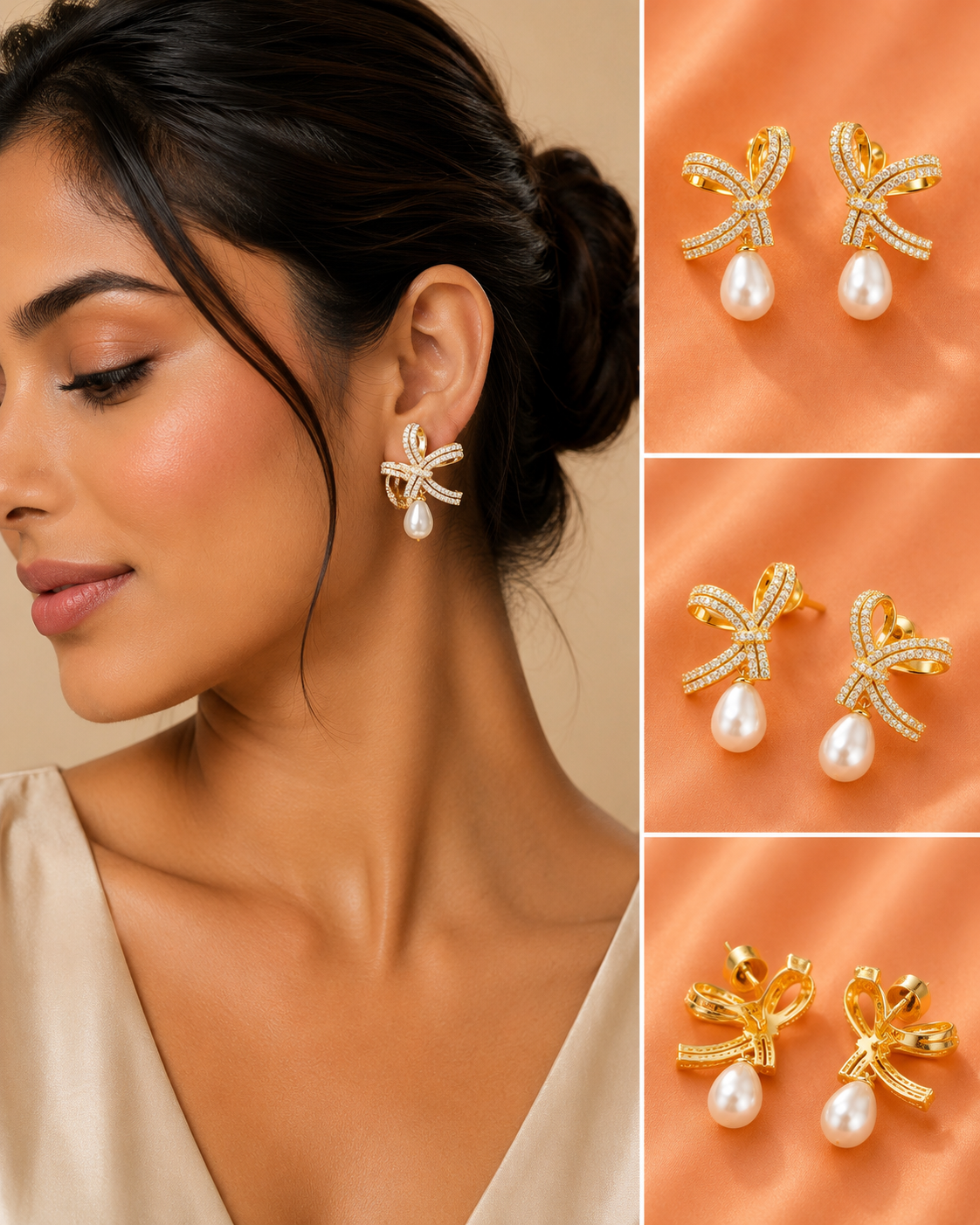 Crystal Bow Pearl Drop Gold-Tone Earrings