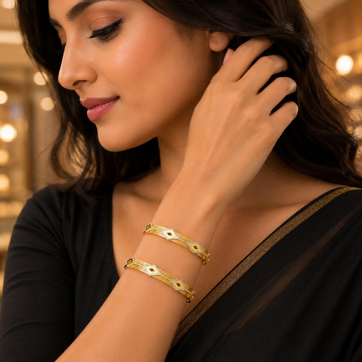 Golden Diamond Cutwork Crystal Bangle Set