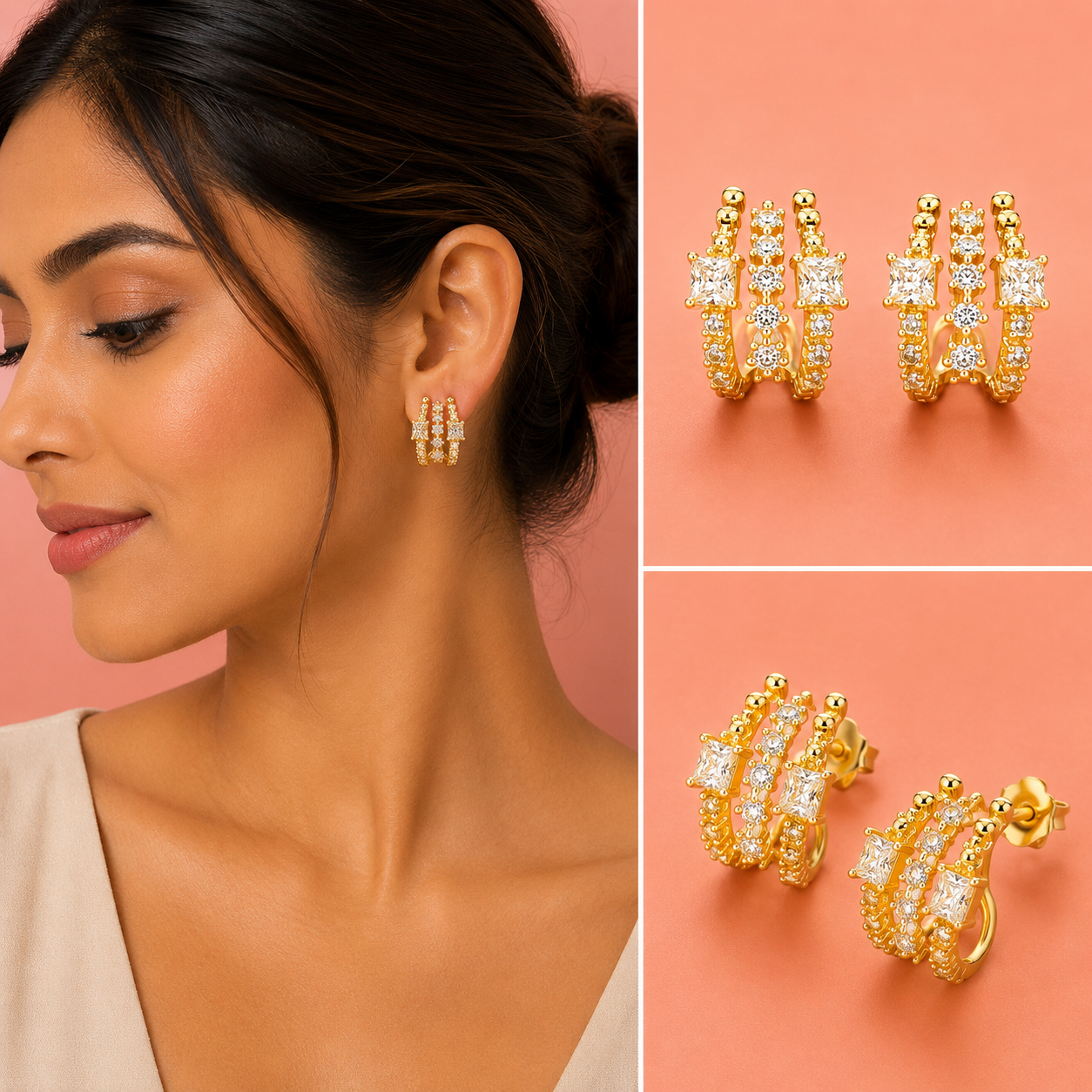 Triple-Row Crystal Gold-Tone Hoop Earrings