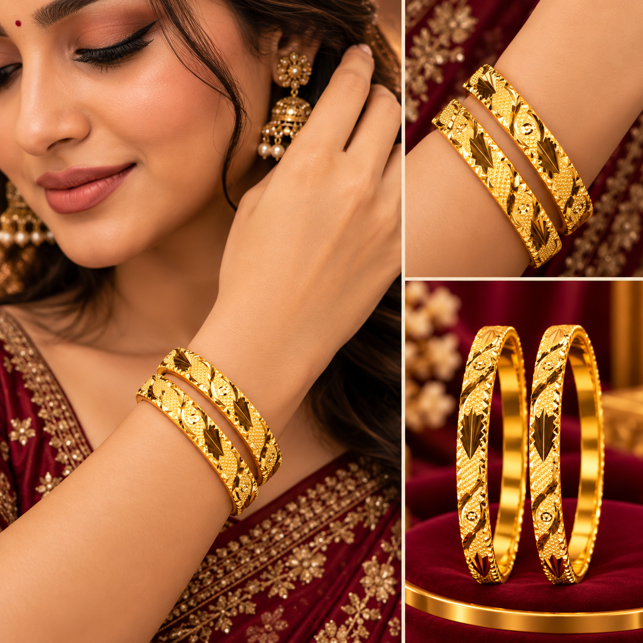 Ornate Leaf Pattern Gold-Tone Bangles – Pair