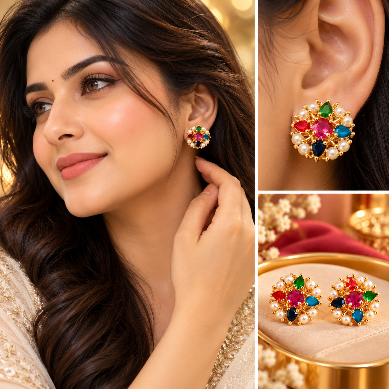 Navratna Style Multi-Gemstone Pearl Floral Stud Earrings