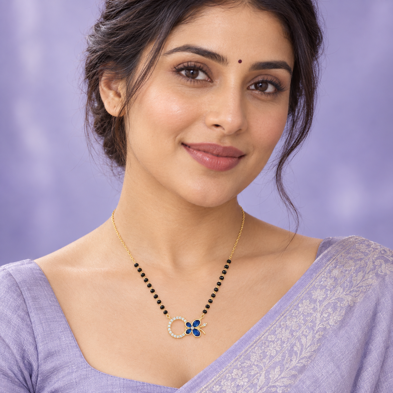 Modern Royal Blue Butterfly & Infinity Ring CZ Gold Mangalsutra